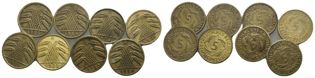  Weimarer Republik, 5 Pfennig, 8 Kleinmünzen   