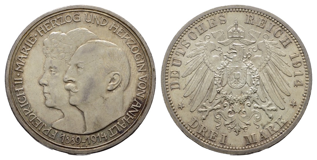  Linnartz KAISERREICH Anhalt Friedrich II. 3 Mark 1914 Silberhochzeit vz   
