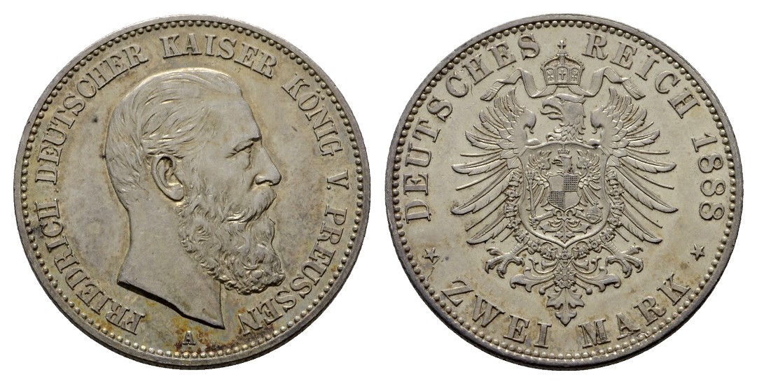  Linnartz KAISERREICH Preussen Friedrich III. 2 Mark 1888 kl. Rdf. vz   