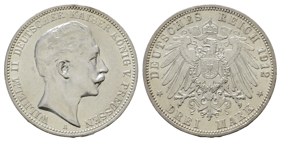  Linnartz KAISERREICH Preussen Wilhelm II. 3 Mark 1912 vz   