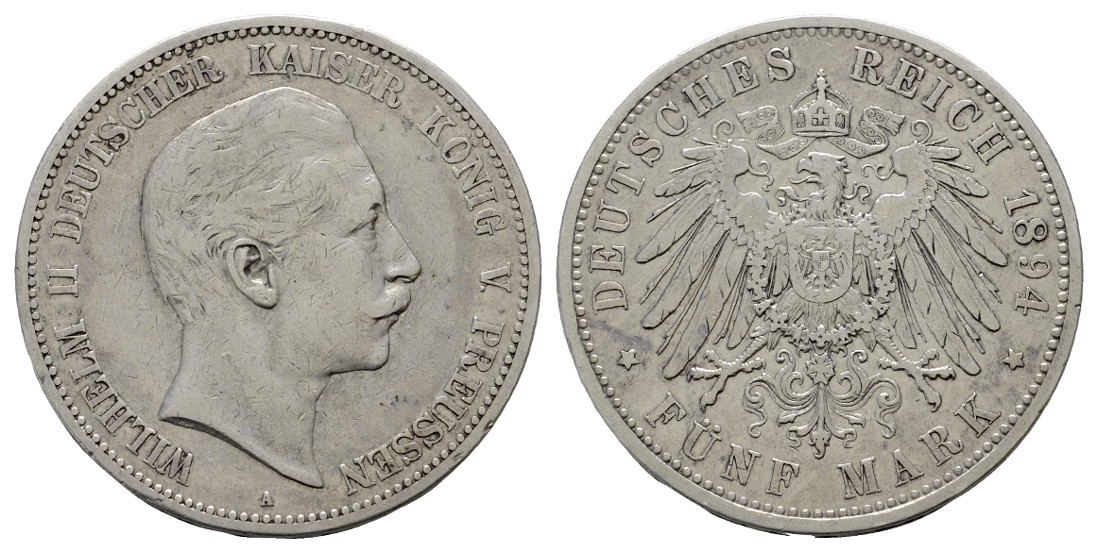  Linnartz KAISERREICH Preussen Wilhelm II. 5 Mark 1894 ss   