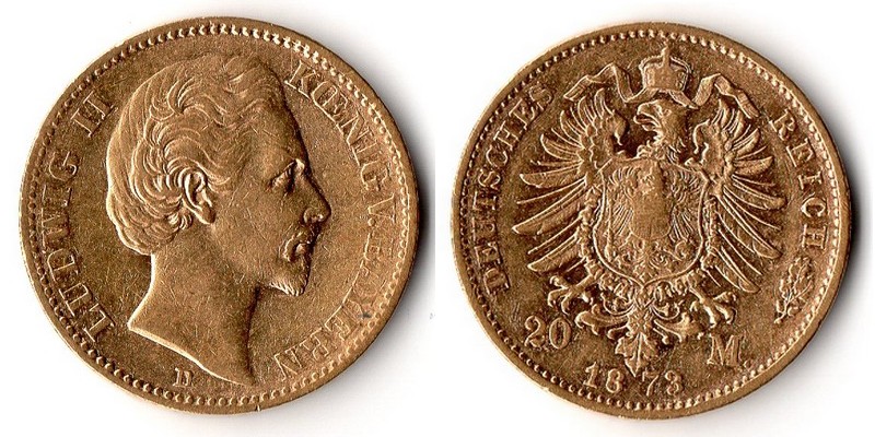 Bayern, Kaiserreich 20 Mark  1873 D MM-Frankfurt Feingold: 7,17g Ludwig II. 1864-1886  
