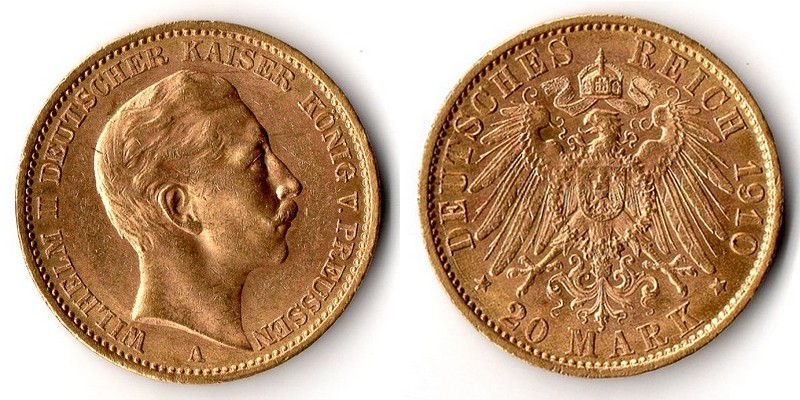 Preussen, Kaiserreich  20 Mark  1910 A MM-Frankfurt Feingold: 7,17g Wilhelm II 1888 - 1918  