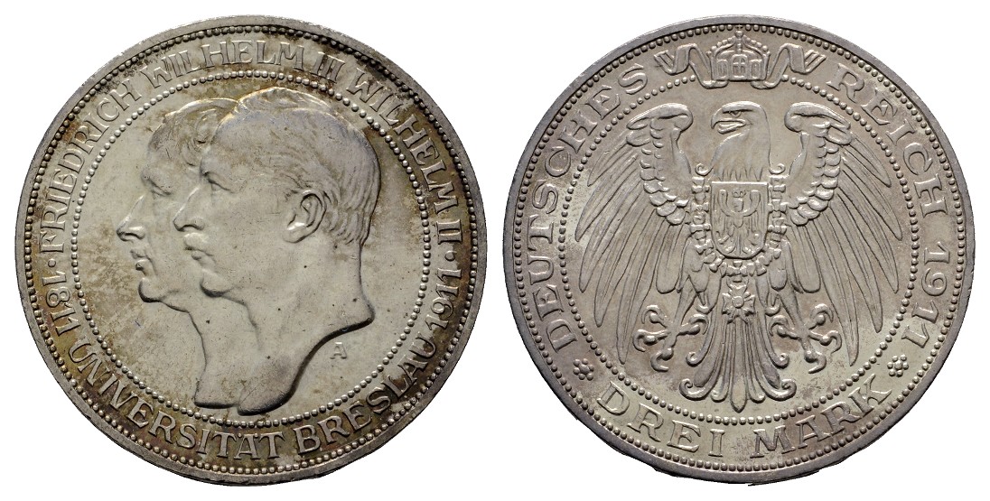  Linnartz KAISERREICH Preussen Wilhelm II. 3 Mark 1911 Uni Breslau Patina vz   