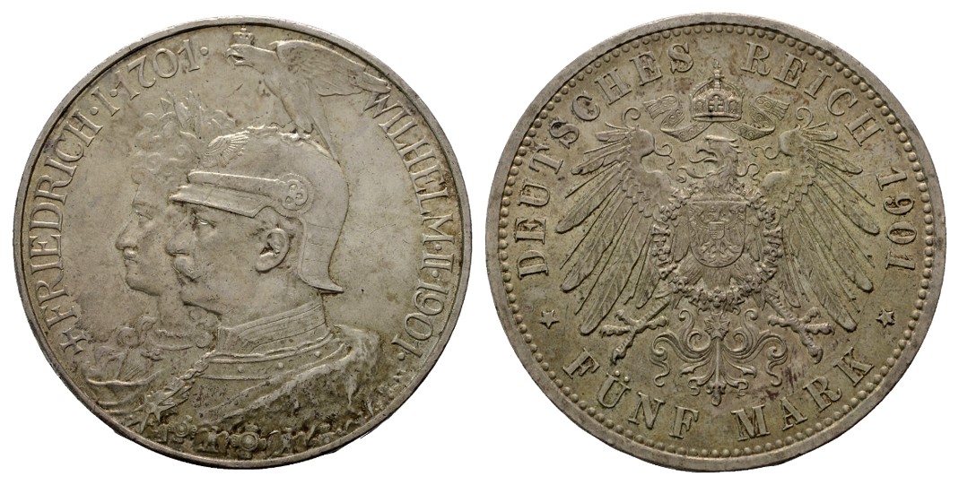  Linnartz KAISERREICH Preussen Wilhelm II. 5 Mark 1901 200 Jahre Königreich kl. Kratzer vz   