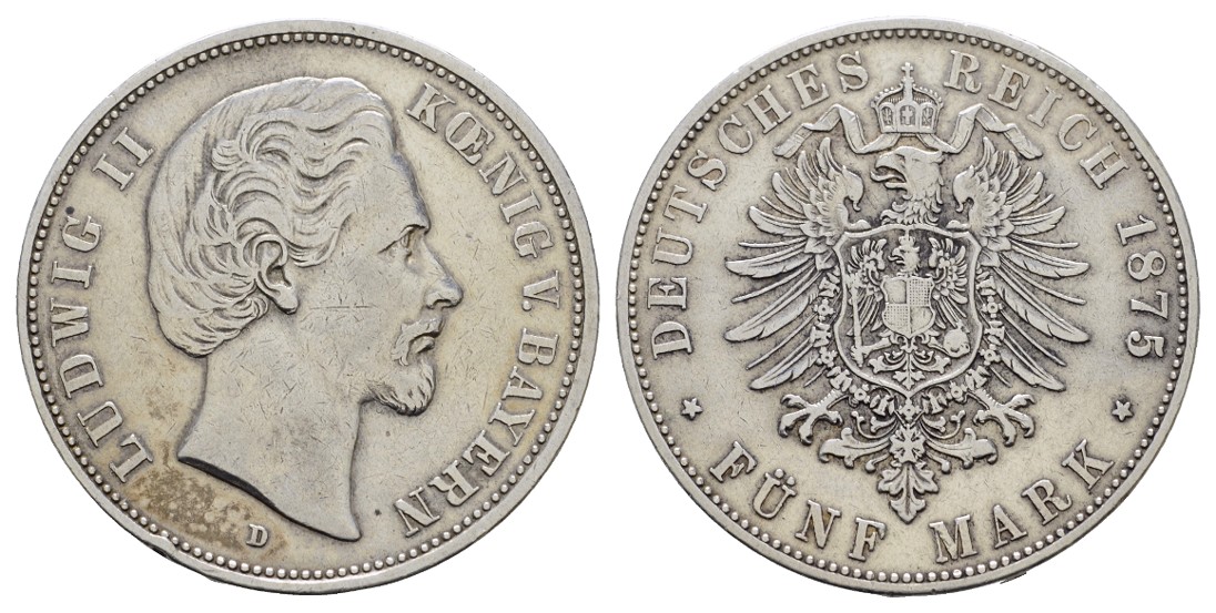  Linnartz KAISERREICH Bayern Ludwig II. 5 Mark 1875 D ss-   