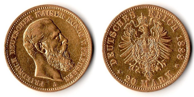 Preussen, Kaiserreich  20 Mark  1888 A MM-Frankfurt Feingold: 7,17g Friedrich  