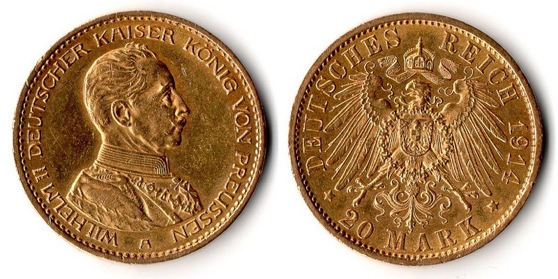 Preussen, Kaiserreich  20 Mark  1914 A MM-Frankfurt Feingold: 7,17g Wilhelm II. 1888-1918  