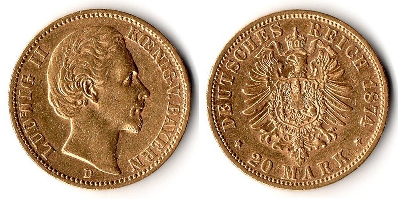 Bayern, Kaiserreich  20 Mark  1874 D MM-Frankfurt Feingold: 7,17g Ludwig II. 1864-1886  