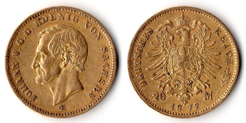 Sachsen, Kaiserreich   20 Mark  1872 E MM-Frankfurt Feingold: 7,17g Johann 1854-1873  