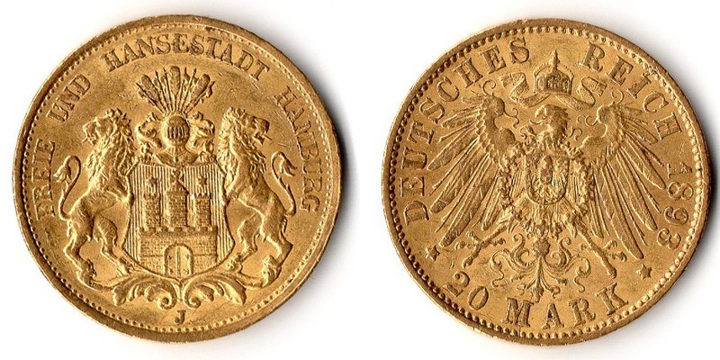 Hamburg, Kaiserreich   20 Mark  1893 J MM-Frankfurt Feingold: 7,17g   