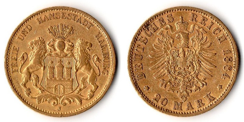 Hamburg, Kaiserreich  20 Mark  1884 J MM-Frankfurt Feingold: 7,17g   