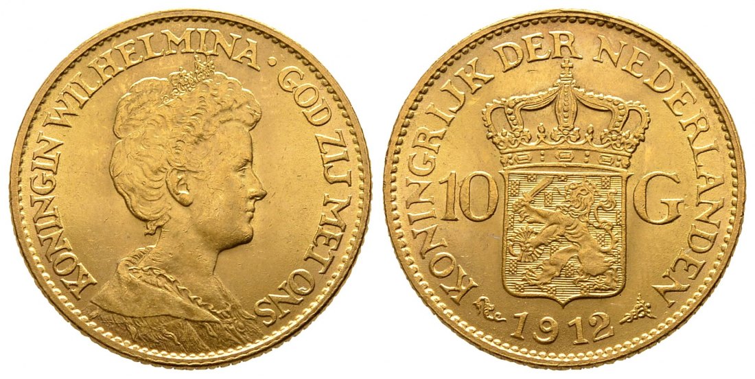 PEUS 9901 Niederlande 6,06 g Feingold. Wilhelmina (1890 - 1948) 10 Gulden GOLD 1912 Kl. Kratzer, Vorzüglich