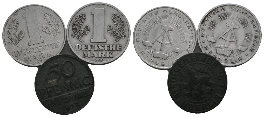  DDR, 1 Mark (2 Stück); Überlingen 50 Pfennig 1917   