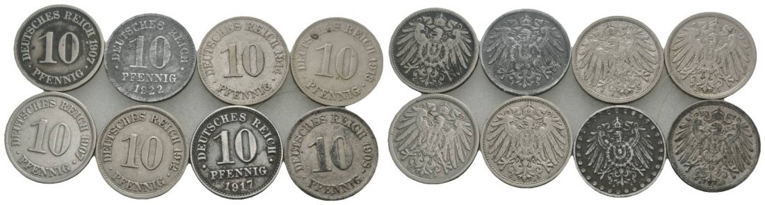  Weimarer Republik/Kaiserreich, 10 Pfennig (8 Kleinmünzen)   