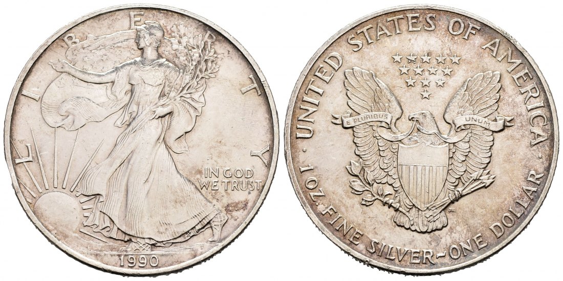 PEUS 9915 USA 31,1 g Feinsilber. American Eagle Dollar SILBER Unze 1990 Patina, kl. Kratzer, vorzüglich
