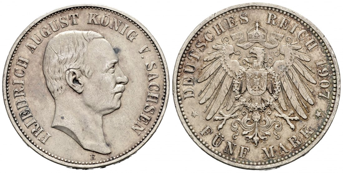 PEUS 9917 Kaiserreich - Sachsen Friedrich August III. (1904 - 1918) 5 Mark 1907 E Sehr schön