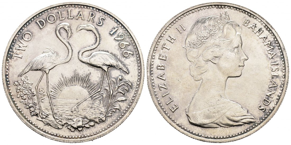 PEUS 9919 Bahamas 27,56 g Feinsilber. Zwei Flamingos 2 Dollars SILBER 1966 Patina, Vorzüglich