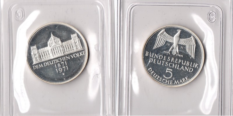  BRD  5 DM  1971 G(Reichsgründung)  FM-Frankfurt  Feingewicht: 7g Silber eingeschweisst   