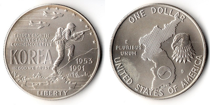  USA  1 Dollar   1991 D    Korean War    FM-Frankfurt   Feinsilber: 24,06g   