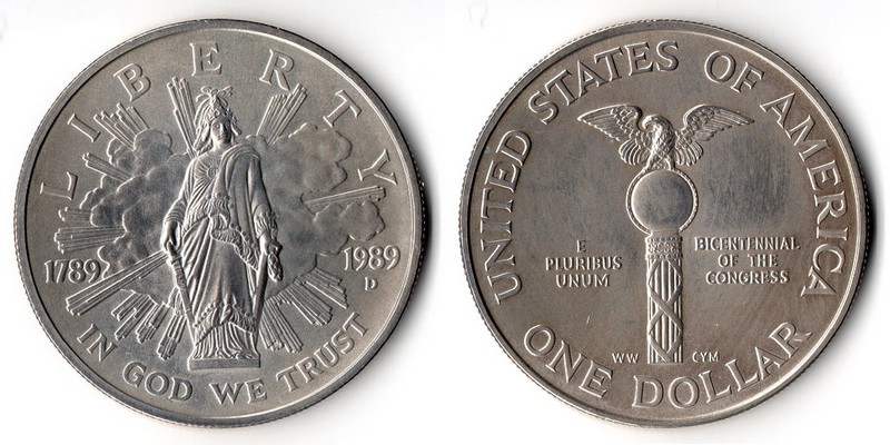  USA  1 Dollar   1989 D    Bicentennial of the Congress     FM-Frankfurt   Feinsilber: 24,06g   