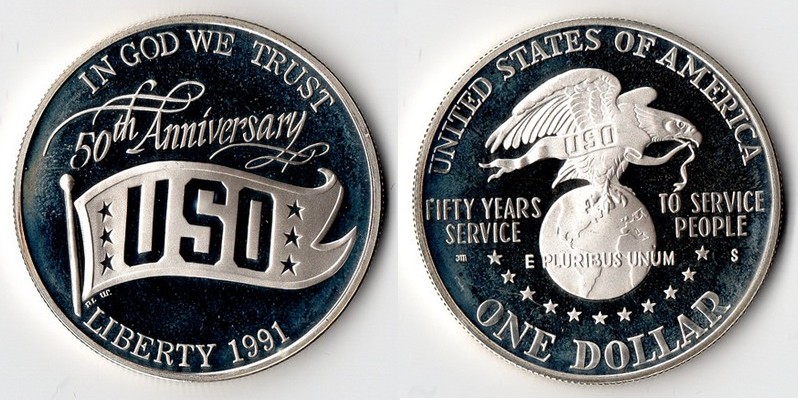  USA  1 Dollar   1991 S    USO 50th Anniversary    FM-Frankfurt   Feinsilber: 24,06g   