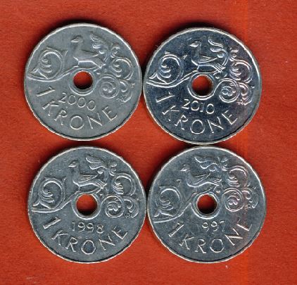  Norwegen 4x 1 Krone 2010, 2000,1998,1997.   