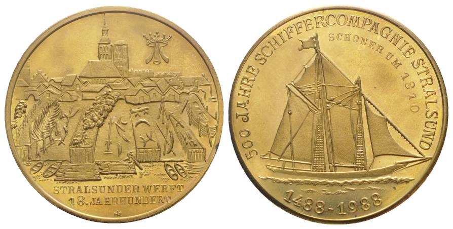  Stralsund, Bronzemedaille Schiffercompagnie 1988; 26,55 g, Ø 40,31 mm   