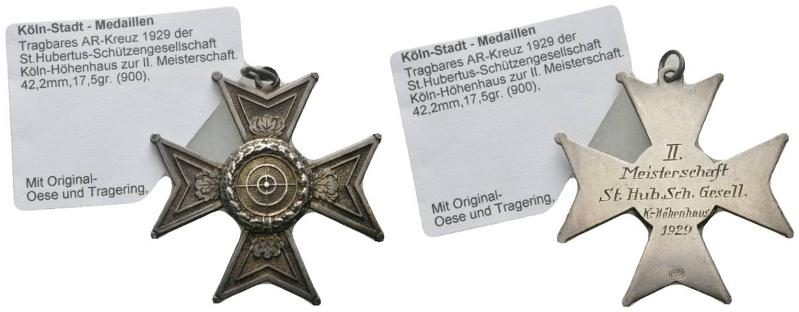  Köln-Stadt- Medaille, tragbares AR-Kreuz 1929; 17,43 g; 43,28 x 43,76 mm   