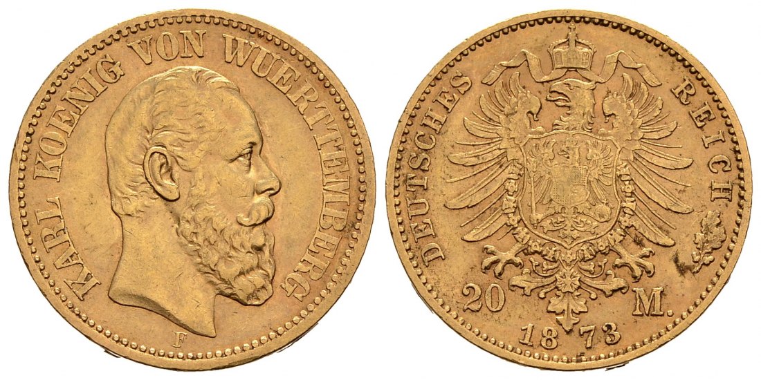 PEUS 9993 Kaiserreich - Württemberg 7,17 g Feingold. Karl (1864 - 1891) 20 Mark GOLD 1873 F Stuttgart Sehr schön