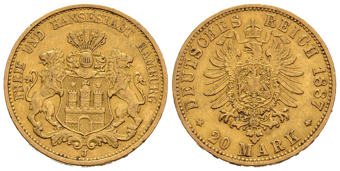 PEUS 9995  Kaiserreich - Hamburg 7,17 g Feingold. Stadtwappen 20 Mark GOLD 1887 J Sehr schön