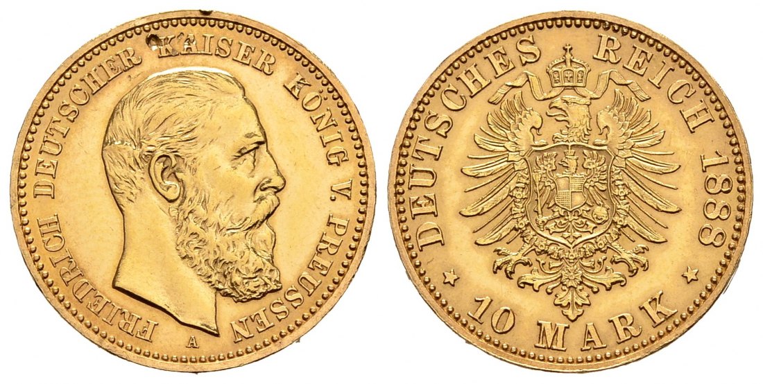 PEUS 9996 Kaiserreich - Preußen 3,58 g Feingold. Friedrich III. (09.03.- 15.06.1888) 10 Mark GOLD 1888 A Kratzer, Sehr schön +