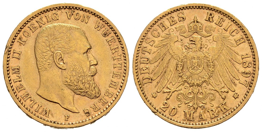 PEUS 9999 Kaiserreich - Württemberg 7,17 g Feingold. Wilhelm II. (1891 - 1918) 20 Mark GOLD 1897 F Stuttgart Kl. Kratzer, Sehr schön