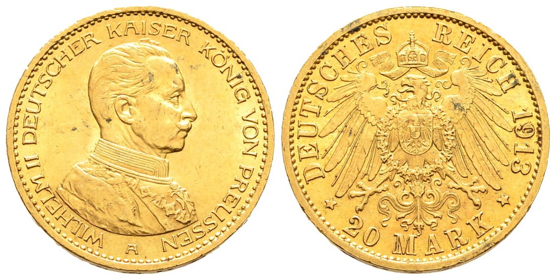 PEUS 1002 Preußen - Kaiserreich 7,17 g Feingold. Kaiser Wilhelm II. (1888 - 1918) in Kürassieruniform 20 Mark GOLD 1913 A Kl. Kratzer, Sehr schön +