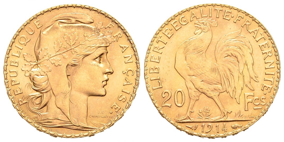 PEUS 1003 Frankreich 5,81 g Feingold. Marianne 20 Francs GOLD 1914 (NP) Vorzüglich