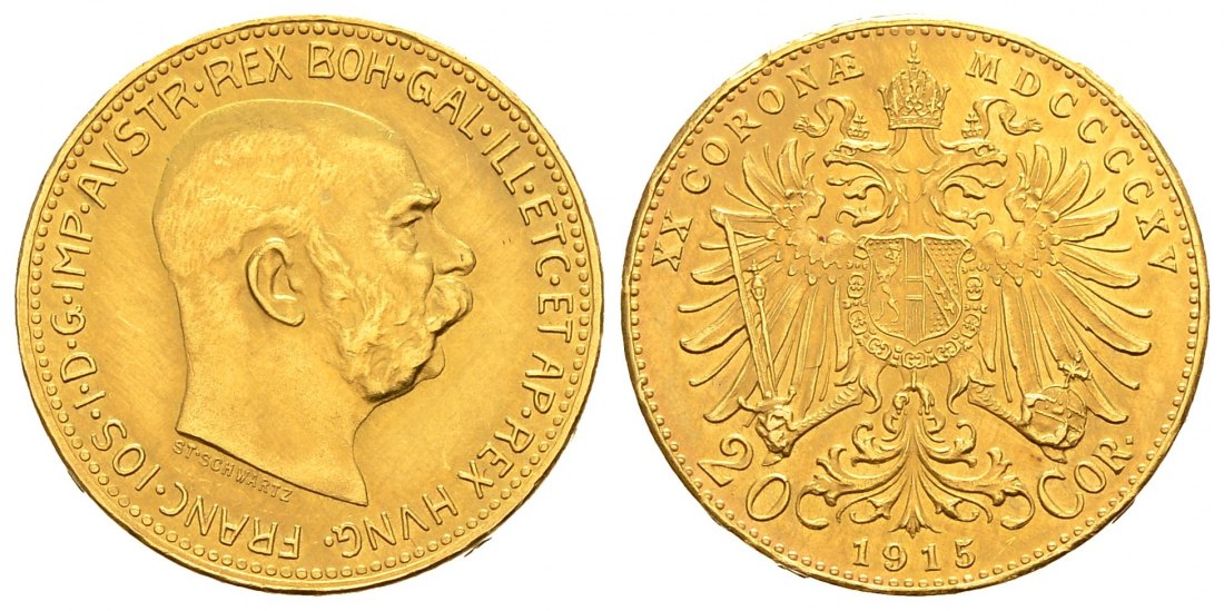 PEUS 1004 Österreich 6,1 g Feingold. Franz Joseph I. (1848 - 1916) 20 Kronen (off.NP) GOLD 1915 Vorzüglich
