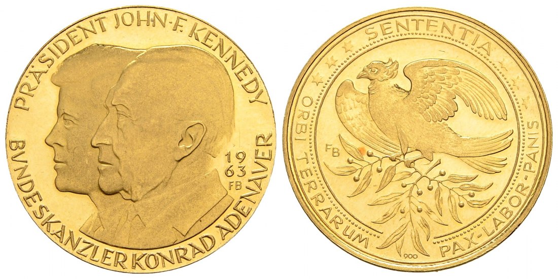 PEUS 1005 BRD 9,5 g Feingold. Konrad Adenauer + John F. Kennedy / Vogel Goldmedaille 1963 Stempelglanz