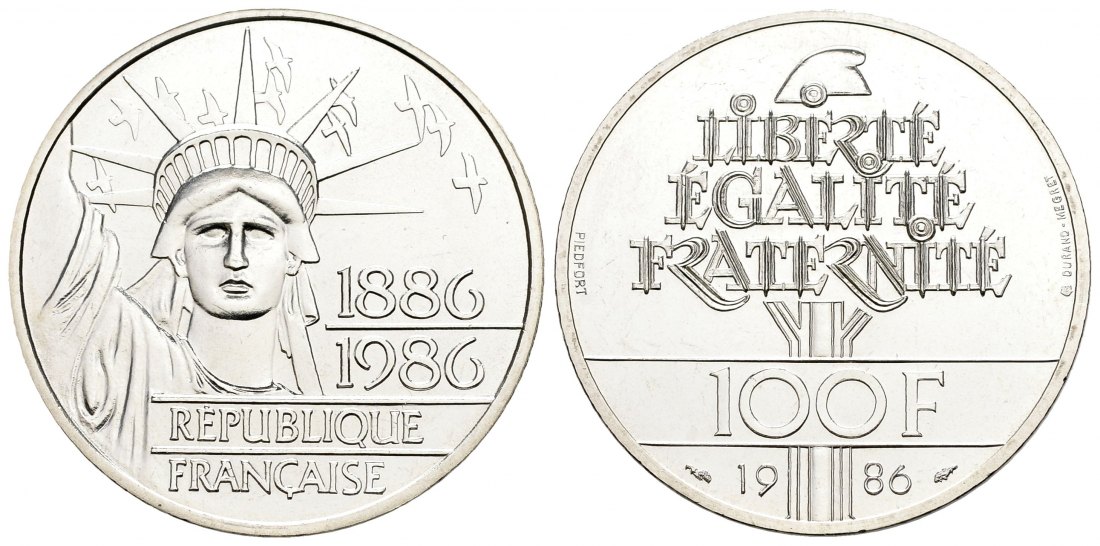 PEUS 1009 Frankreich 27 g Feinsilber. Freiheitsstatue 100 Francs Piedfort SILBER 1986 Uncirculated (in Kapsel)