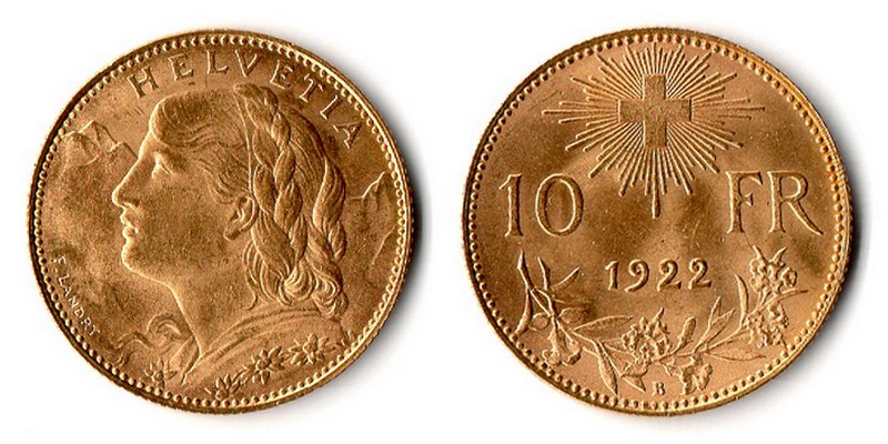 Schweiz  10 sFR  1922 MM-Frankfurt Feingold: 2,90g 1/2 Vreneli  