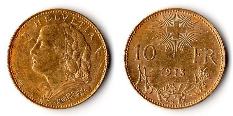 Schweiz  10 sFR  1913 MM-Frankfurt Feingold: 2,90g 1/2 Vreneli  