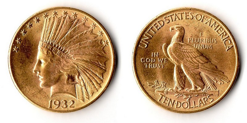USA  10 Dollars  1932 MM-Frankfurt Feingold: 15,05g Indian Head / Eagle  