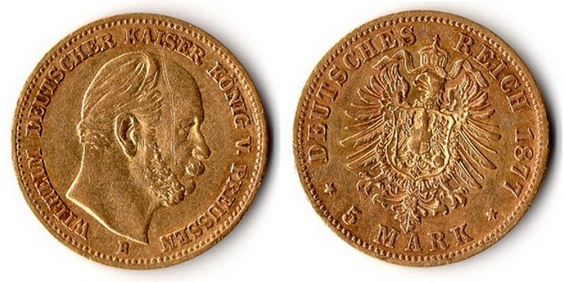 Preussen Kaiserreich  5 Mark  1877 B MM-Frankfurt Feingewicht: 1,79g Gold Wilhelm I. 1861-1888  
