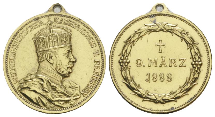  Kaiser Wilhelm v. Preußen, Bronzemedaille, vergoldet, 1888; 15,17 g; Ø 30,38 mm   