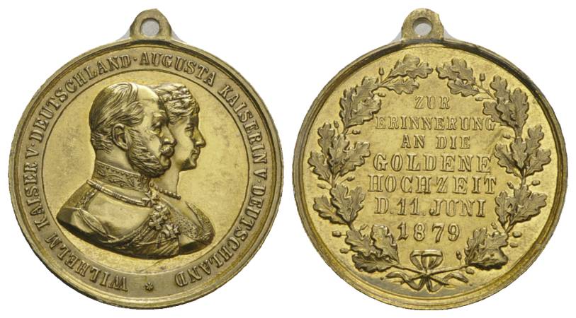  Kaiser Wilhelm/ Augusta, Goldhochzeit 1879,Bronzemedaille, vergoldet; 8,89 g; Ø 29,07 mm   