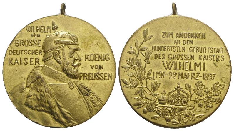  Wilhelm I., 1897, Bronzemedaille, vergoldet; 29,23 g; Ø 39,51 mm   