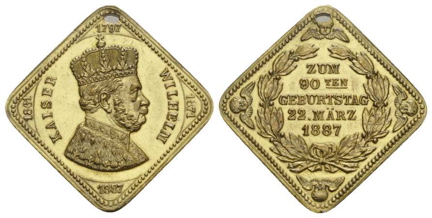  Kaiser Wilhelm, 1887, Bronzemedaille, vergoldet; 9,61 g; Ø 36,08 mm   