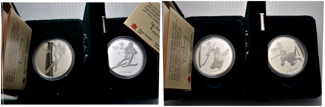 PEUS Kanada Insg. 124,4 g Feinsilber. Olympiade Calcary + Etuis + 3 Zertifikatee 20 Dollars-Lot SILBER (4 Münzen) 1985 - 1986 Proof