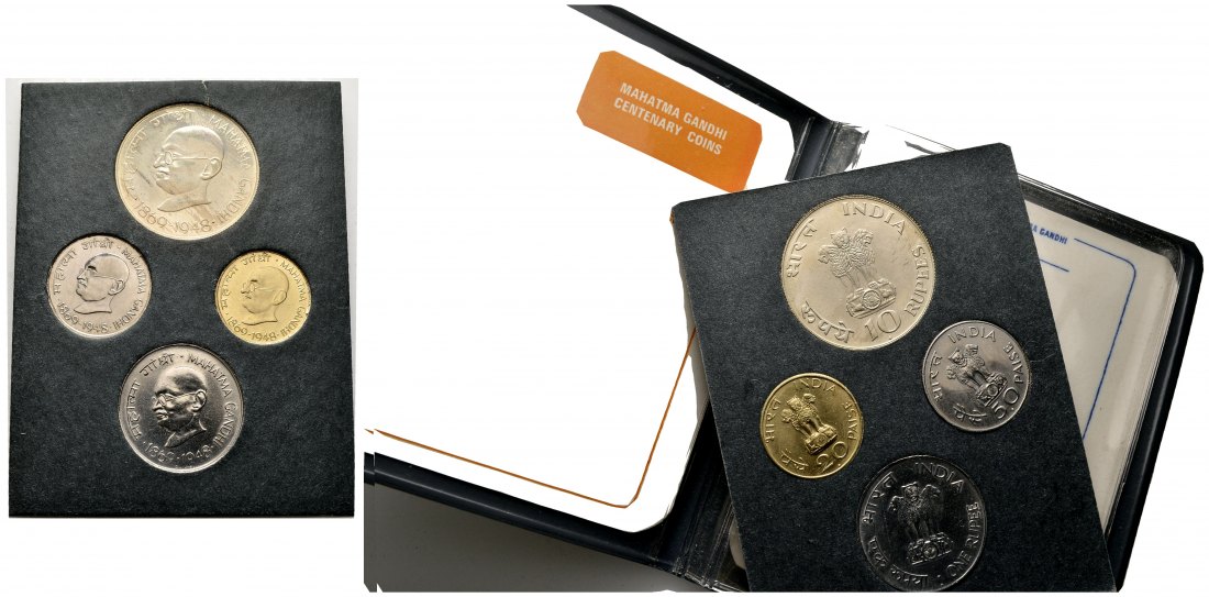 PEUS 1069 Indien 12 g Feinsilber. Gandhi Centenary Coins Incl. Originalverpackung KMS (4 Münzen) SILBER 1969 Uncirculated