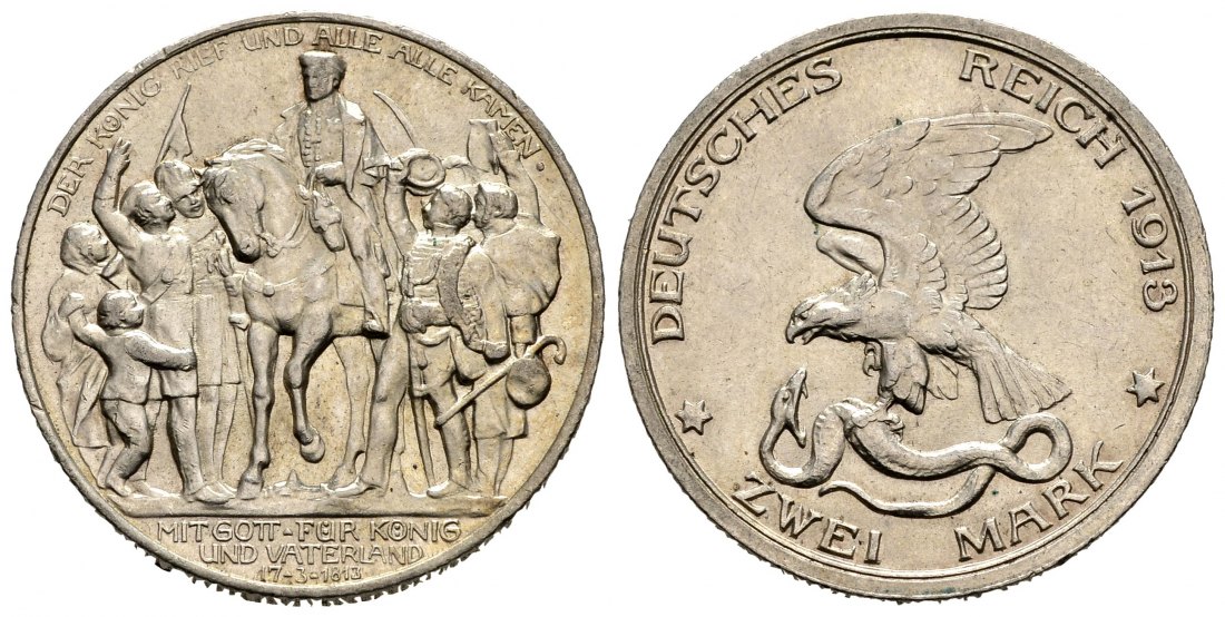 PEUS 1037 Kaiserreich - Preußen 200 Jahre Befreiungskriege gegen Frankreich 2 Mark 1913 Vorzüglich