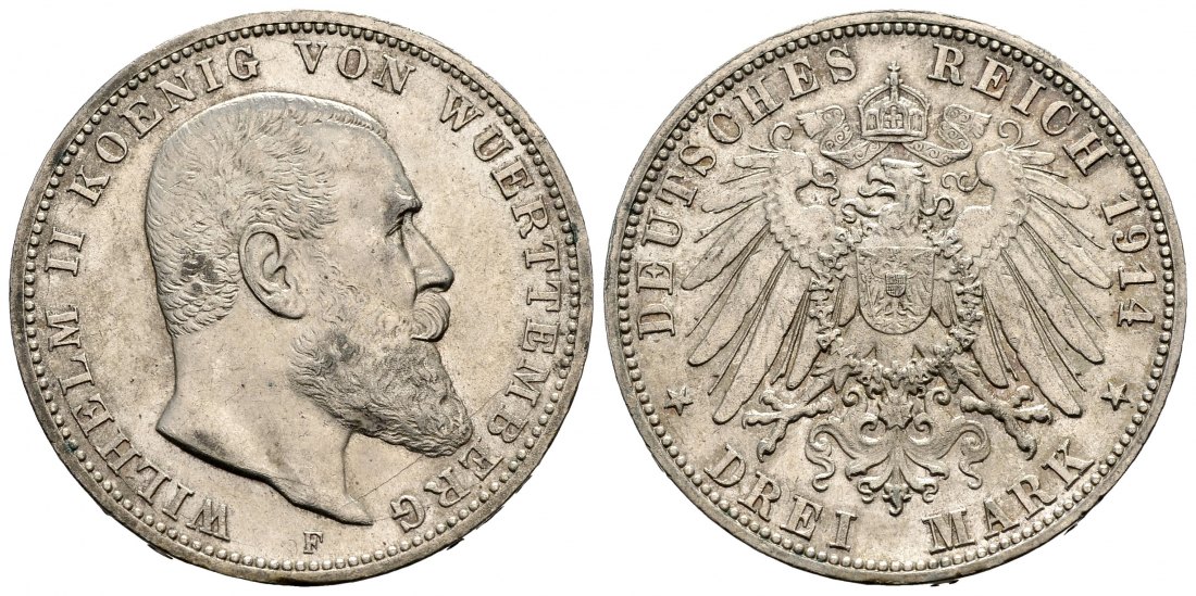 PEUS 1039 Kaiserreich - Württemberg Wilhelm II. (1891 - 1918) 3 Mark 1914 F Kl.Kratzer, Vorzüglich